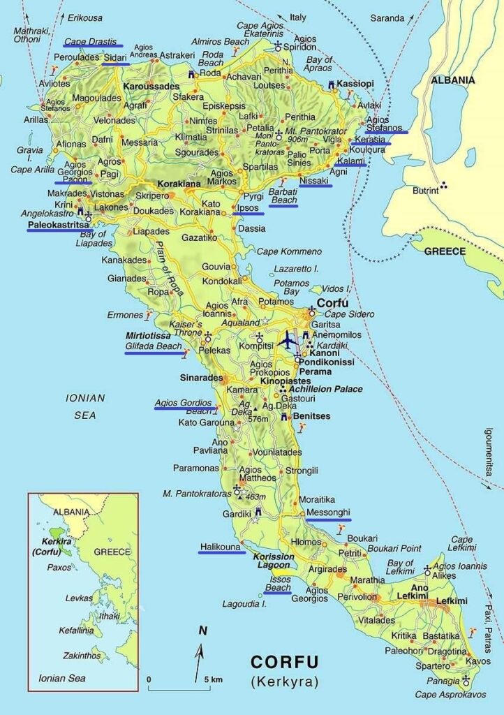 Mappa delle spiagge di Corfù