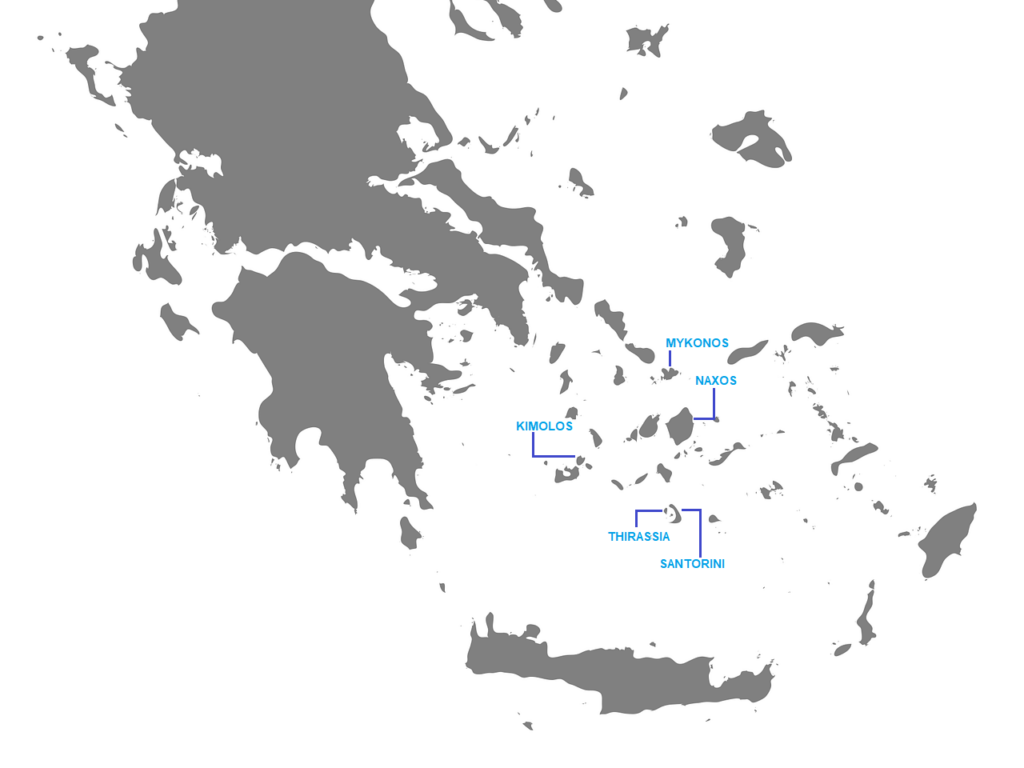 Mappa delle isole cicladi con posizione di : Kimolos, Mykonos, Naxos, Santorini e Thirassia
